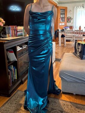 Shimmering Teal Slip Prom Dress with Cowl Neck
